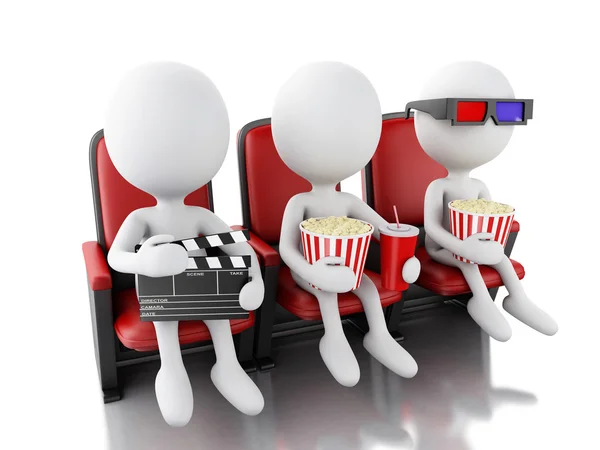 3D Biali ludzie z zarządu klapy, popcorn i pić na teatr — Zdjęcie stockowe