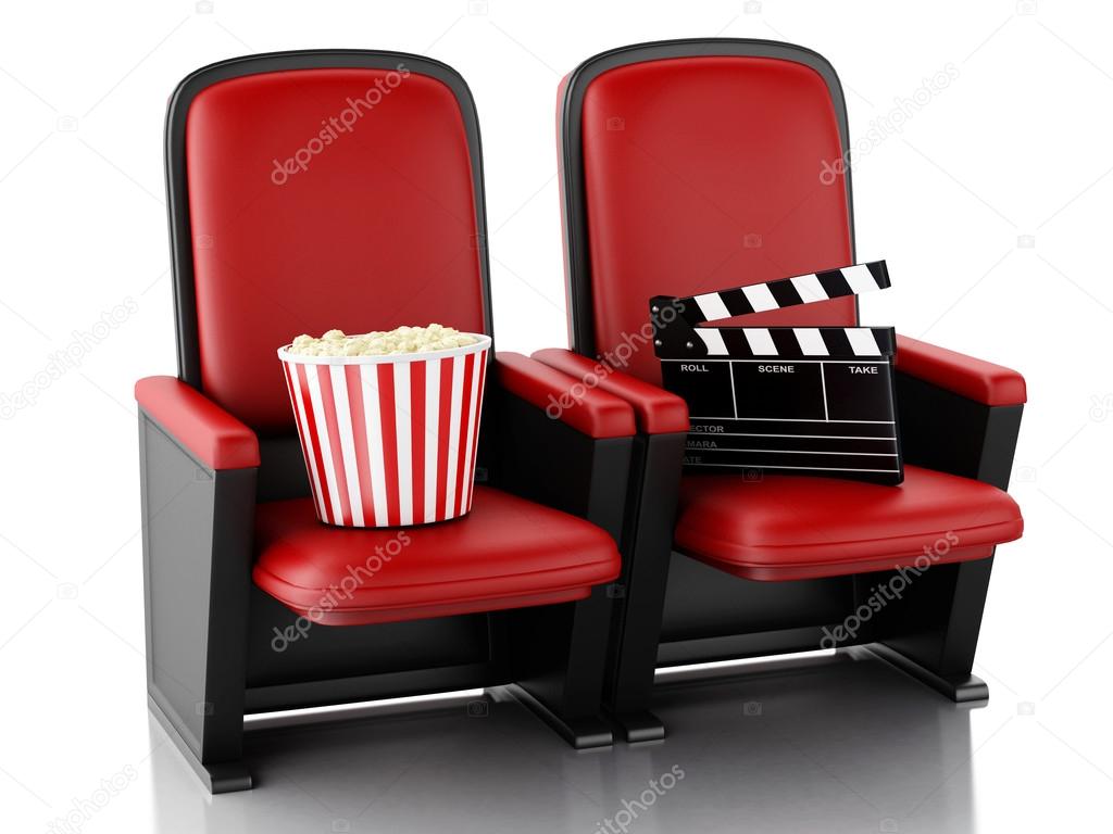 3d Cinema clapper board and popcorn on theater seat.