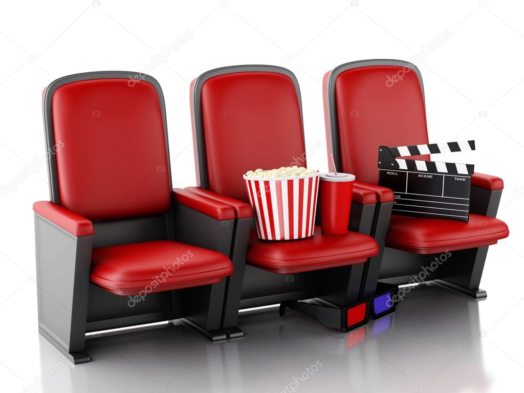 3d Cinema clapper board, popcorn and drink on theater seat.