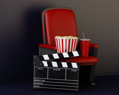 3D Sinema clapper kurulu, patlamış mısır ve içecek.