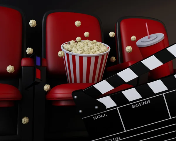 3d Cinema clapper board, popcorn and drink. — Stock Photo, Image