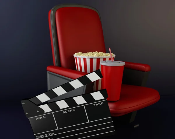 3d Cinema clapper board, popcorn and drink. — Stock Photo, Image