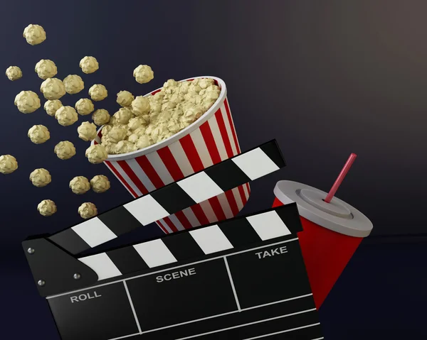 3D cinema klepel bestuur, popcorn en drinken. — Stockfoto