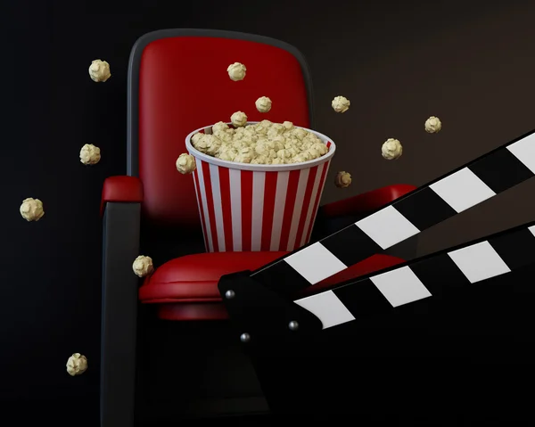 Panneau de battement de cinéma 3d et pop-corn — Photo