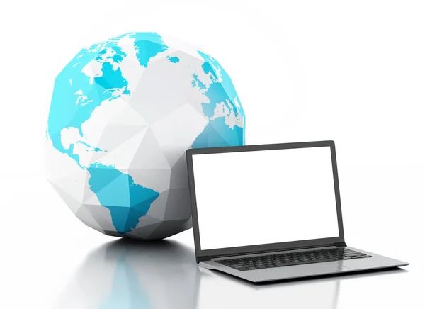 3D laptop ve dünya küre. Küresel iletişim — Stok fotoğraf