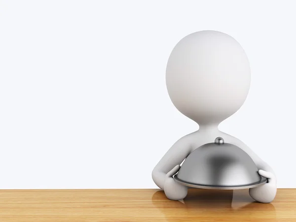 3d White people in the kitchen with silver platter — Stock Photo, Image