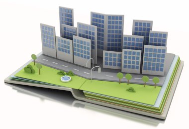 Açık kitap şehirde. 3D illüstrasyon kavramı