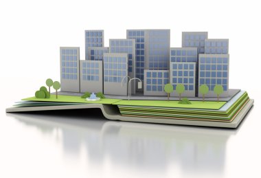 Açık kitap şehirde. 3D illüstrasyon kavramı