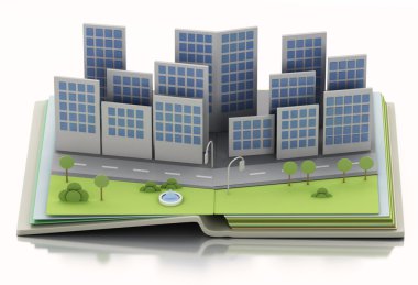 Açık kitap şehirde. 3D illüstrasyon kavramı