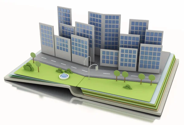 Açık kitap şehirde. 3D illüstrasyon kavramı