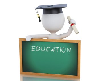 3D beyazlar lisansüstü diploma, mezuniyet kep ve blackb ile