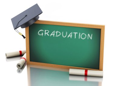 diploma sertifika ve mezuniyet kap ile 3D yazı tahtası.