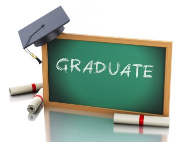 diploma sertifika ve mezuniyet kap ile 3D yazı tahtası.