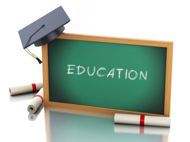 diploma sertifika ve mezuniyet kap ile 3D yazı tahtası.