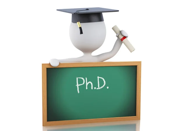 3D-s fehér emberek diploma, oklevél, kalappal és blackb — Stock Fotó