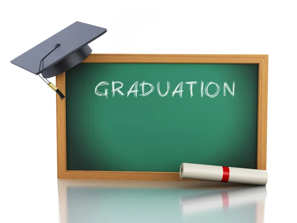 Diploma sertifika ve mezuniyet kap ile 3D yazı tahtası. — Stok fotoğraf