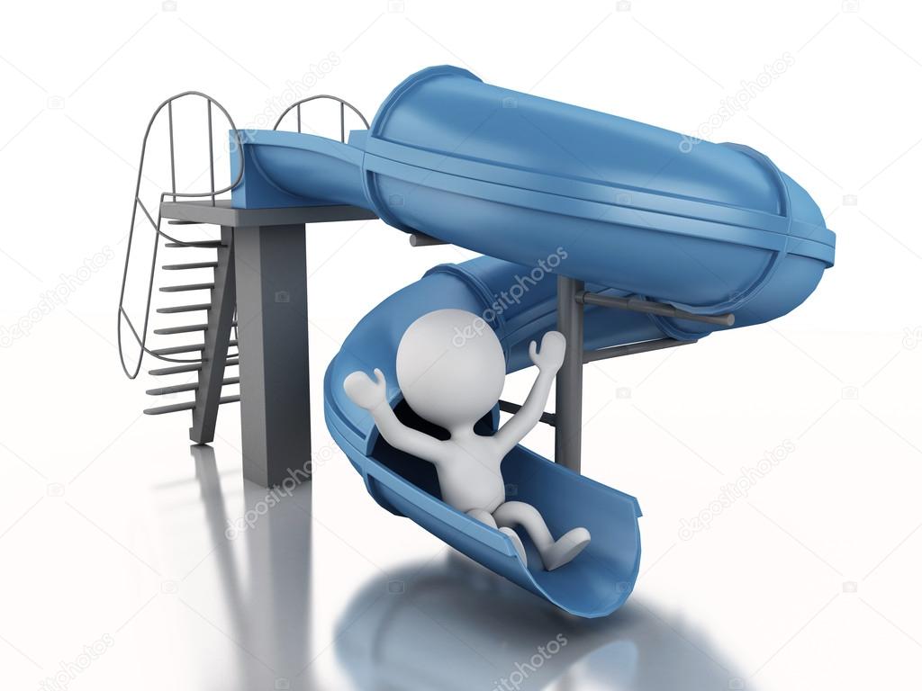 3d white people on water slide. Summer holiday concept