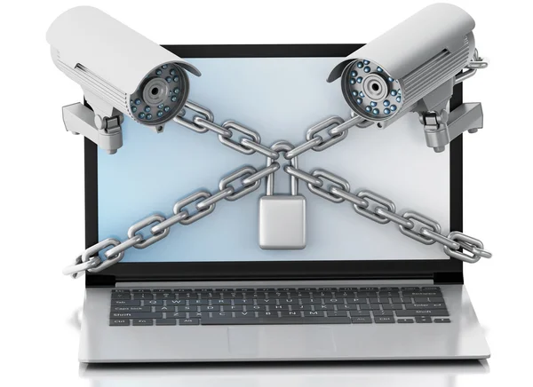 3d Laptop with surveillance camera, lock and chain. Privacy conc — Stock Photo, Image