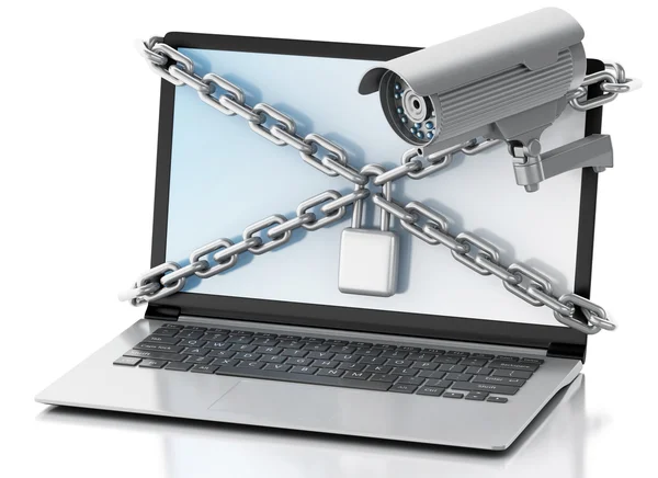 3D-Laptop mit Überwachungskamera, Schloss und Kette. Datenschutz — Stockfoto