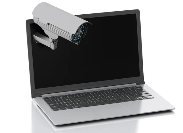 3D-Laptop mit Überwachungskamera. Datenschutzkonzept. — Stockfoto