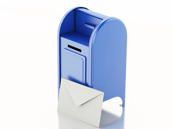 3d Blue mail box with heap of letters. — Stock Photo, Image