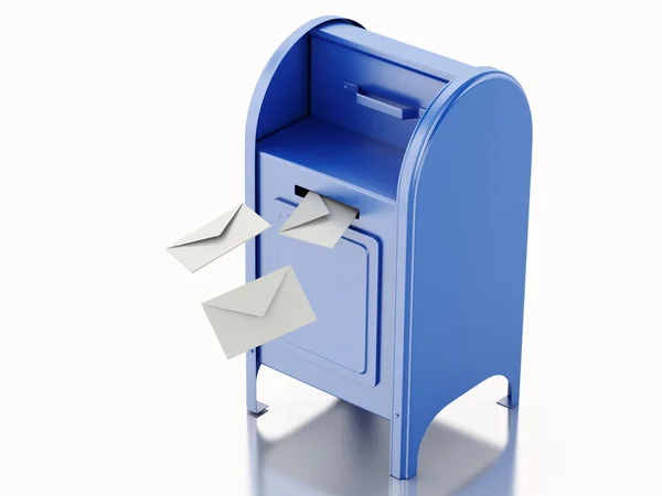 3d Blue mail box with heap of letters. — Stock Photo, Image