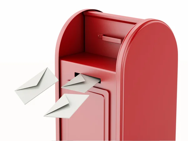 3D-rode brievenbus met hoop van brieven. — Stockfoto