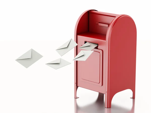 3d Red mail box with heap of letters. — Stock Photo, Image