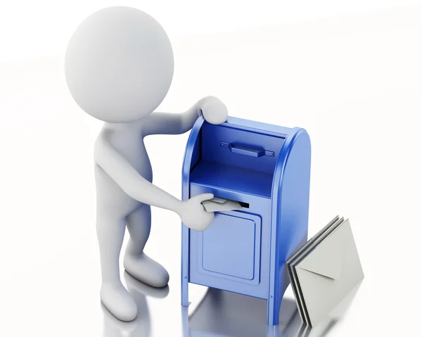 3D λευκούς ανθρώπους με ταχυδρομικό κουτί και σωρός επιστολών. — Φωτογραφία Αρχείου