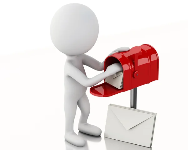 3d white people with mail box and heap of letters. — Stock Photo, Image