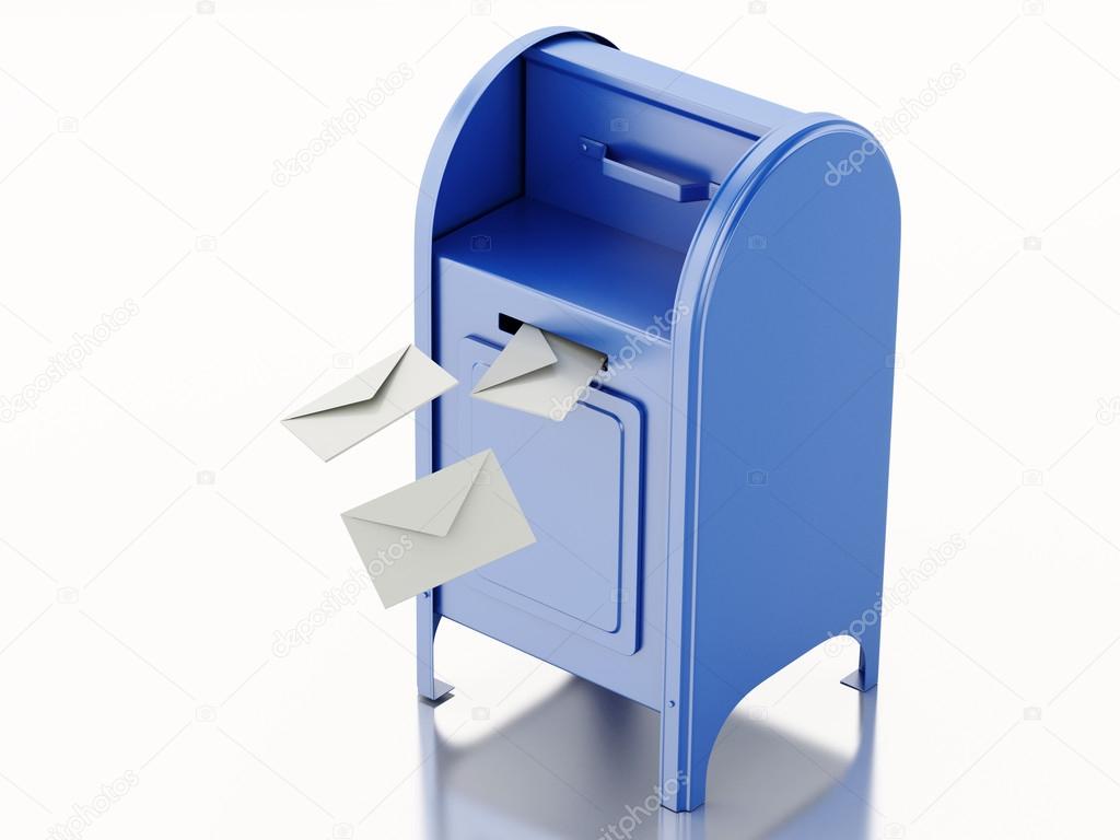 3d Blue mail box with heap of letters.