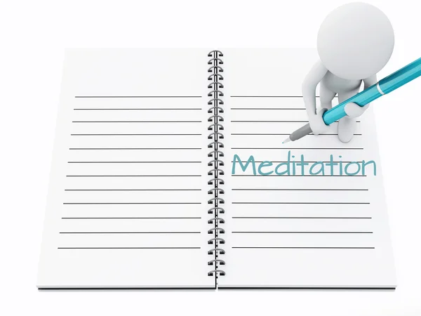 3D weiße Menschen schreiben Meditation auf Notizbuch-Seite. — Stockfoto