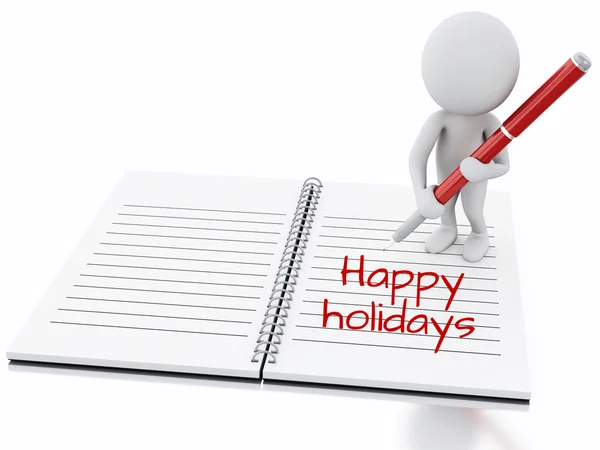 3d white people writing happy holidays  on notebook page. — Stock Photo, Image