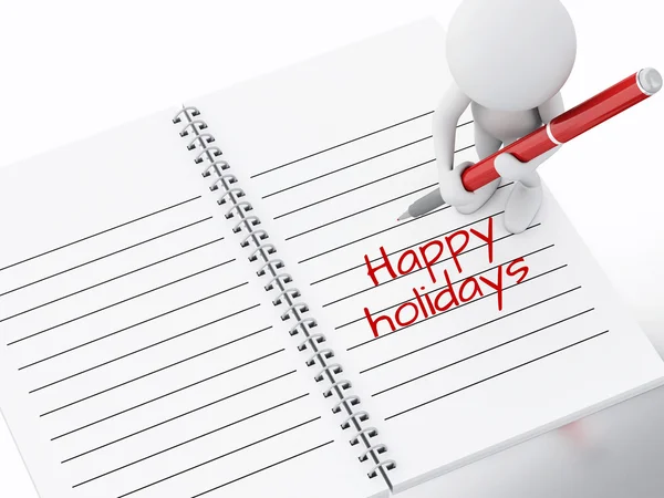 3d white people writing happy holidays  on notebook page. — Stock Photo, Image