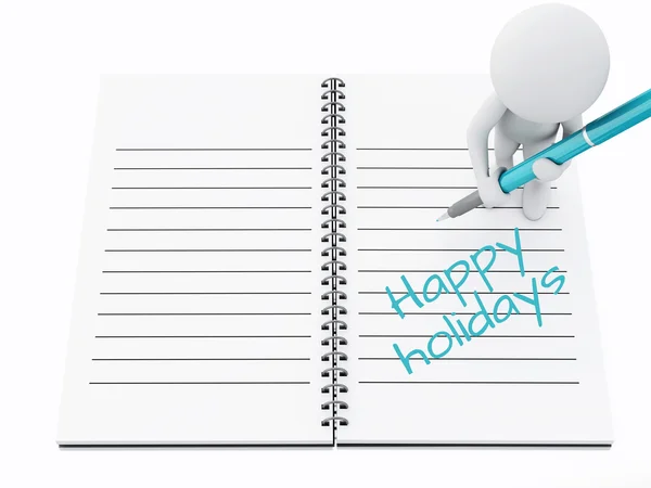3d white people writing happy holidays  on notebook page. — Stock Photo, Image
