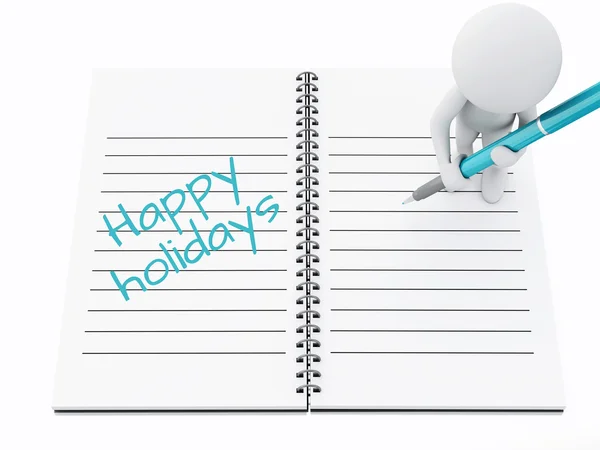 3d white people writing happy holidays  on notebook page. — Stock Photo, Image