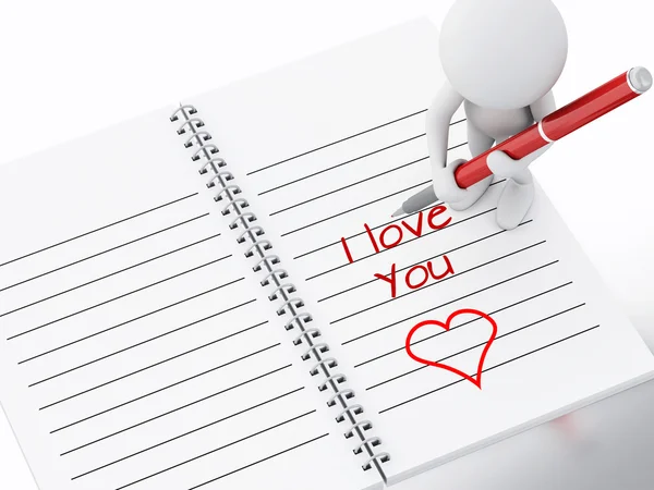 3d white people writing i love you on notebook page. — Stock Photo, Image