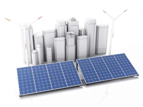 3D-Stadt mit alternativer Energie. — Stockfoto