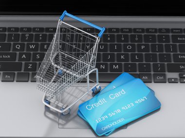 alışveriş sepeti ve kredi kartı ile 3D dizüstü