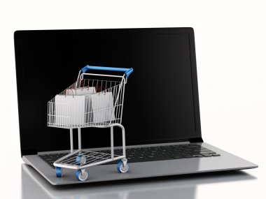 3D alışveriş sepeti laptop. e-ticaret kavramı