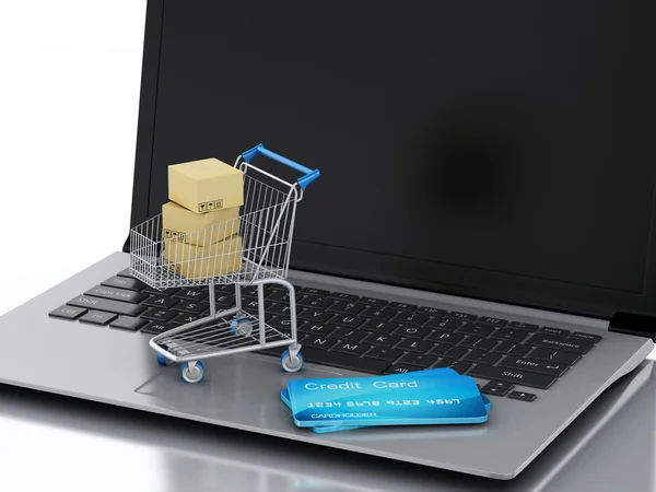 3d Laptop with Shopping cart and credit cards — Stock Photo, Image