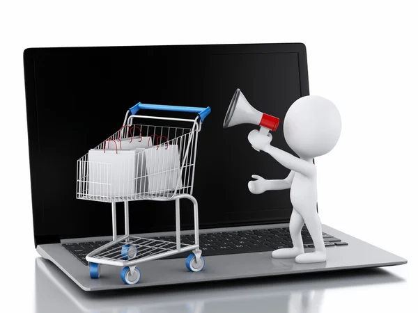 3d white people and Shopping cart on Laptop. — Stock Photo, Image