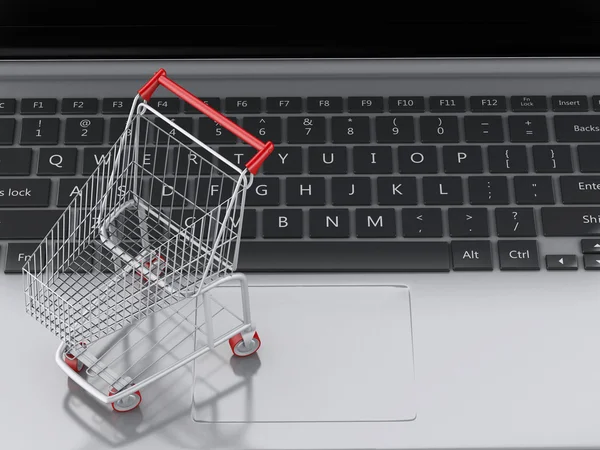 3d Shopping cart on Laptop. e-commerce concept — Stock Photo, Image