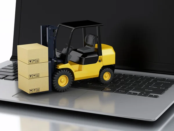 Laptop met heftruck. leveren van pakketten — Stockfoto