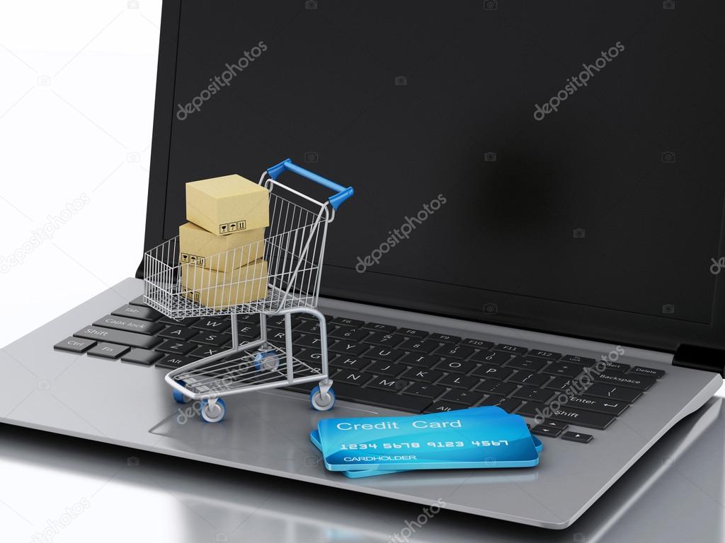 3d Laptop with Shopping cart and credit cards