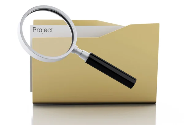 3d Magnifying glass examine Project in folder — Stock Photo, Image