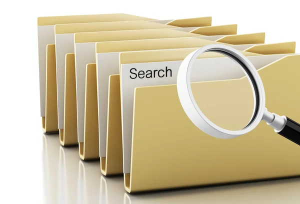 3d Magnifying glass examines yellow folders — Stock Photo, Image