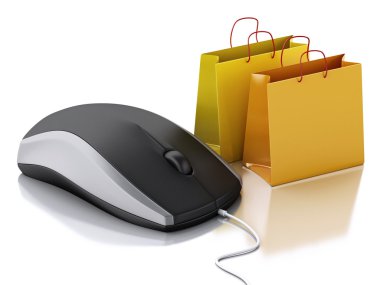 3d computer mouse with shopping bags. E-commerce