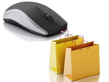 3d computer mouse with shopping bags. E-commerce