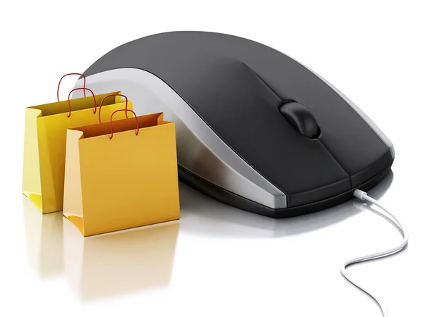 3d computer mouse with shopping bags. E-commerce — 스톡 사진